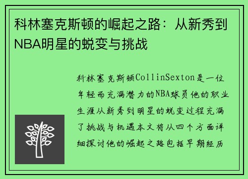 科林塞克斯顿的崛起之路：从新秀到NBA明星的蜕变与挑战